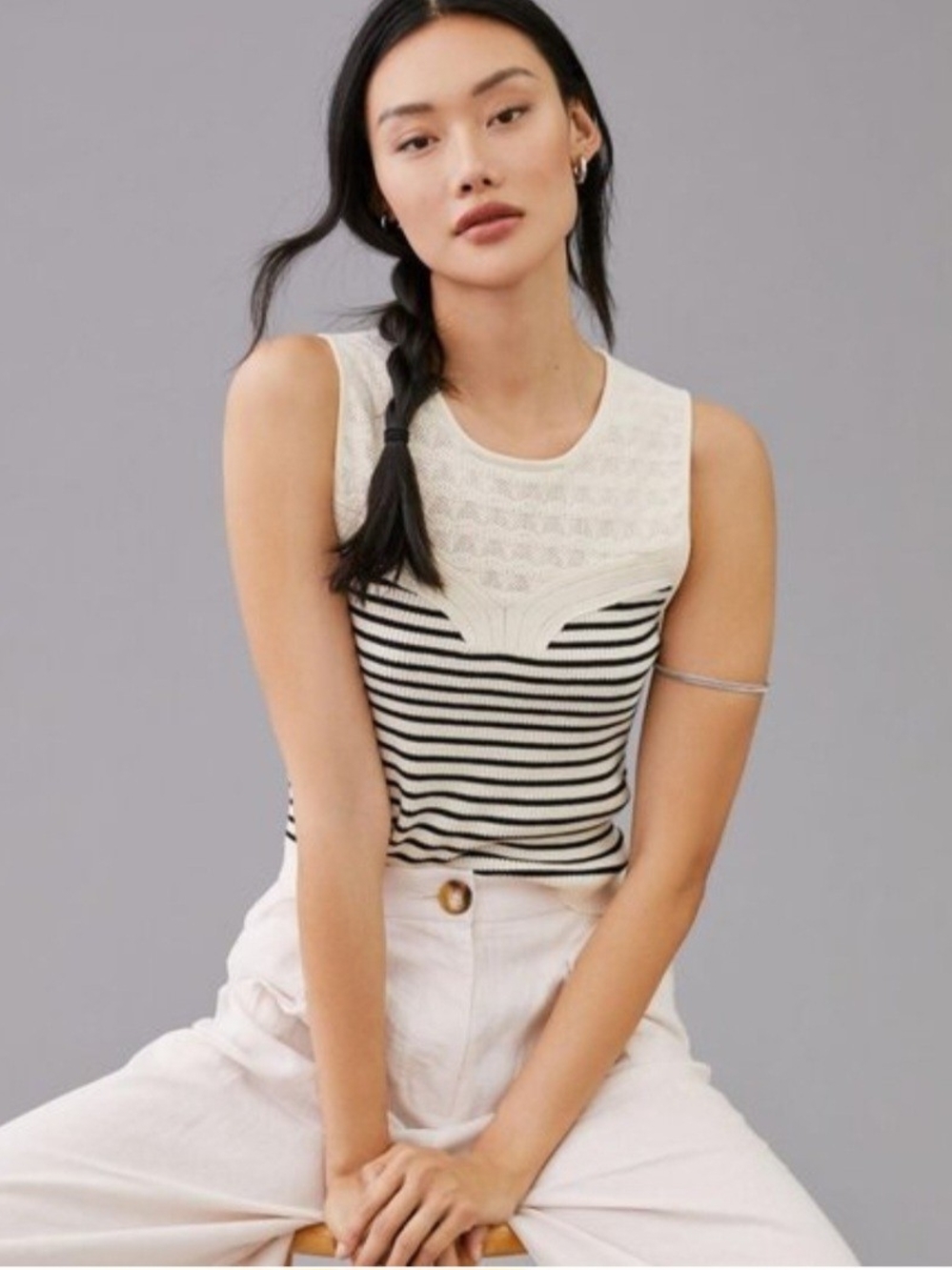 EUC Sz Xl Maeve Morgan Anthropologie Striped Sleeveless Sweater in Ivory Black